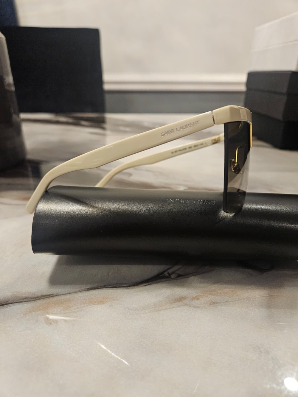 Saint Laurent Men’s Cream Frame Sunglasses with Black Gradient Lenses